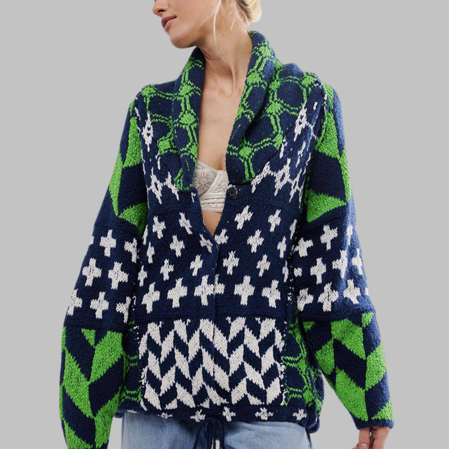 ESTERA | VINTAGE OVERSIZE CARDIGAN MIT KNÖPFEN, LANGEN ÄRMELN UND HEMDKRAGEN